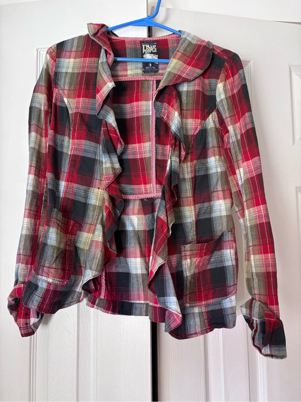 Free People Red Plaid Ruffle-Front Buttonless Shirt Jacket